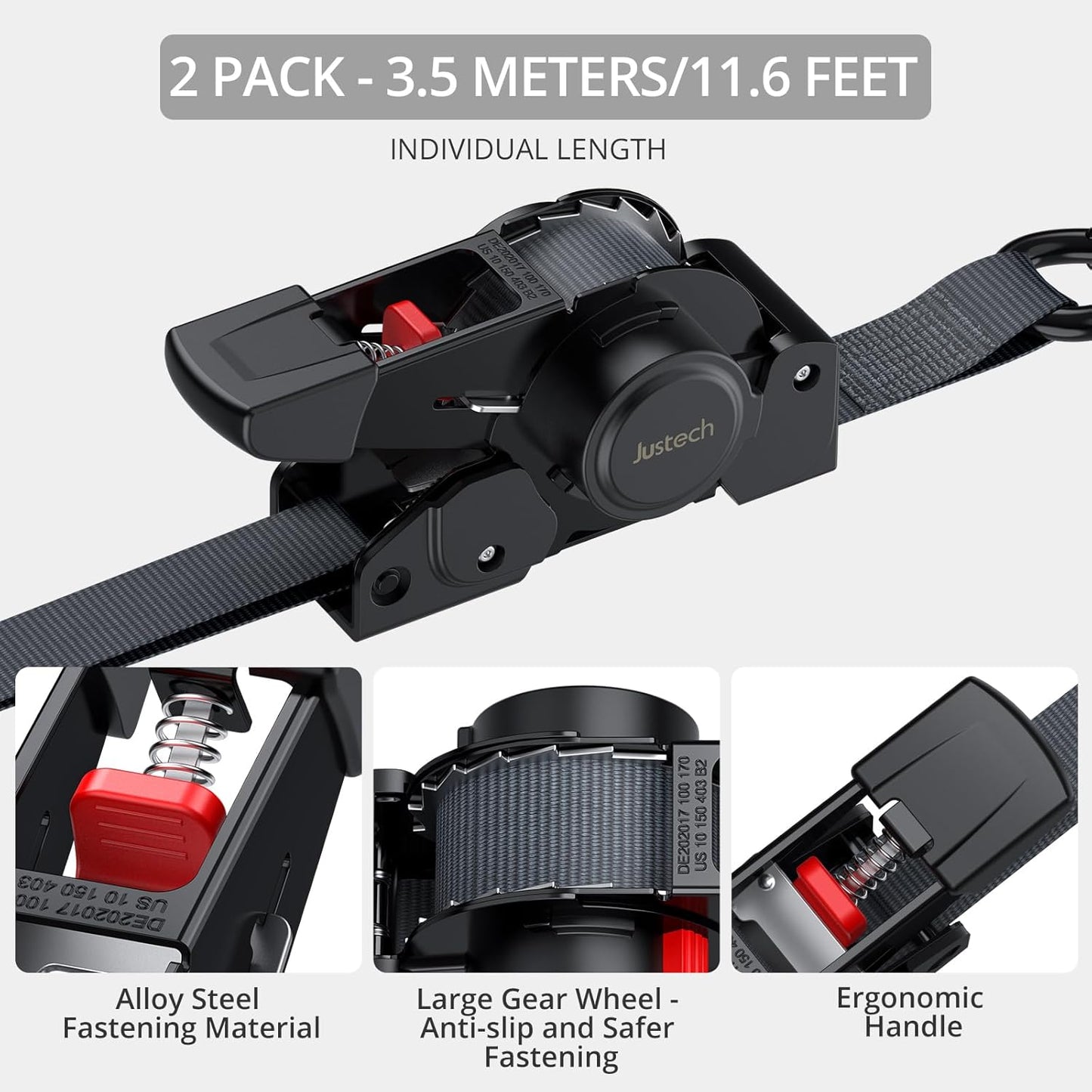 Justech 2 Pack Retractable Ratchet Straps, 1 in x 11.6 ft-1411 lbs Break Strength, Heavy Duty Auto Ratchet Tie Down Straps with Soft Loops & Storage Bag for Motorcycle, Truck, Trailer, Cargo Van, Boat