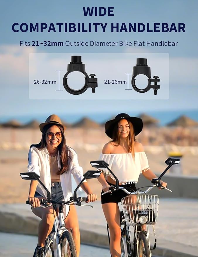 2 Pack Anti-Glare Convex Handlebar Bike Mirror with 2 Reflective Stickers, Wide Angle UHD Rearview Glass, Safe Universal Accessories for Bicycle Ebike Scooter Motorcycle Snowbike