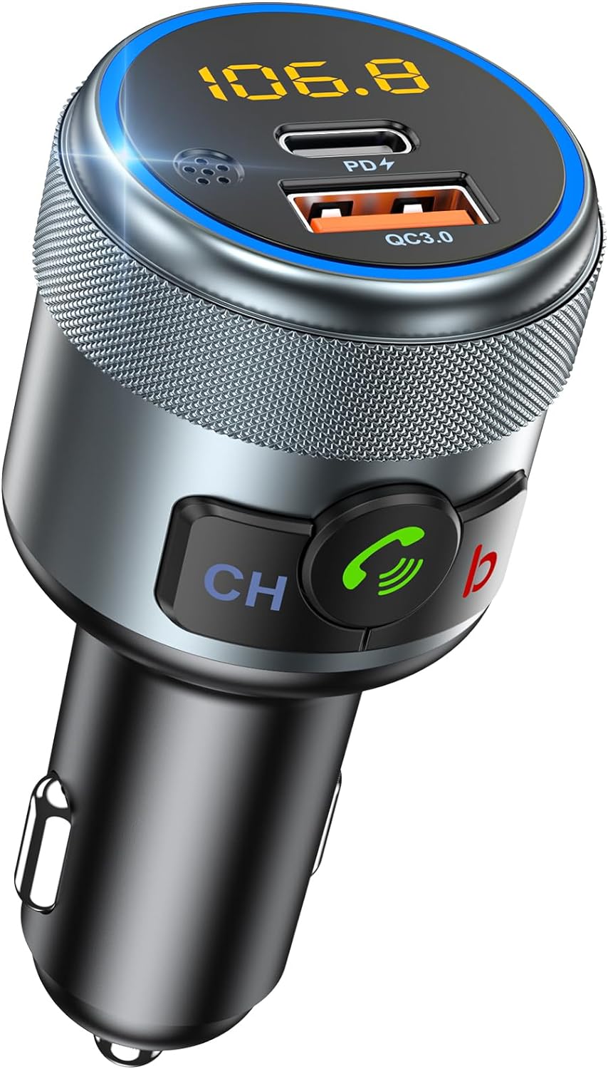 LENCENT Car FM Transmitter, Wireless Bluetooth 5.1 Radio Adapter Car Kit with Big Button, Type C PD 20W and QC3.0 18W Car Fast Charger, Bass Lossless Hi-Fi Sound Music Streaming, Wireless Call