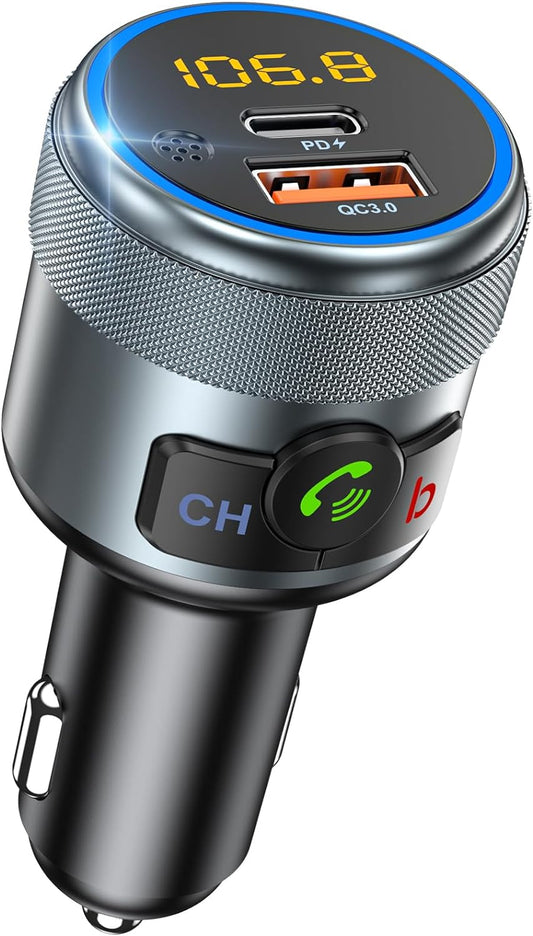 LENCENT Car FM Transmitter, Wireless Bluetooth 5.1 Radio Adapter Car Kit with Big Button, Type C PD 20W and QC3.0 18W Car Fast Charger, Bass Lossless Hi-Fi Sound Music Streaming, Wireless Call