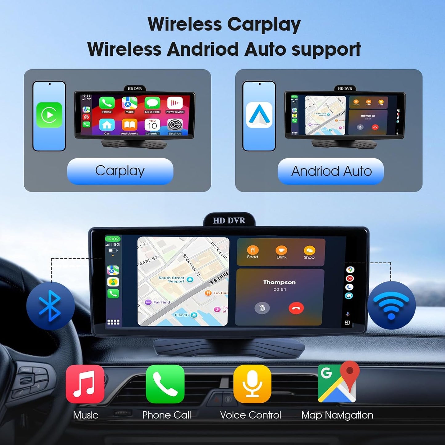 9.26" Wireless CarPlay & Android Auto Screen for Car, 10 Inch Portable Car Stereo with 1080P Dash Cam Front and Rear, Backup Camera, Bluetooth, GPS Navigation, FM Transmitter, Plug and Play