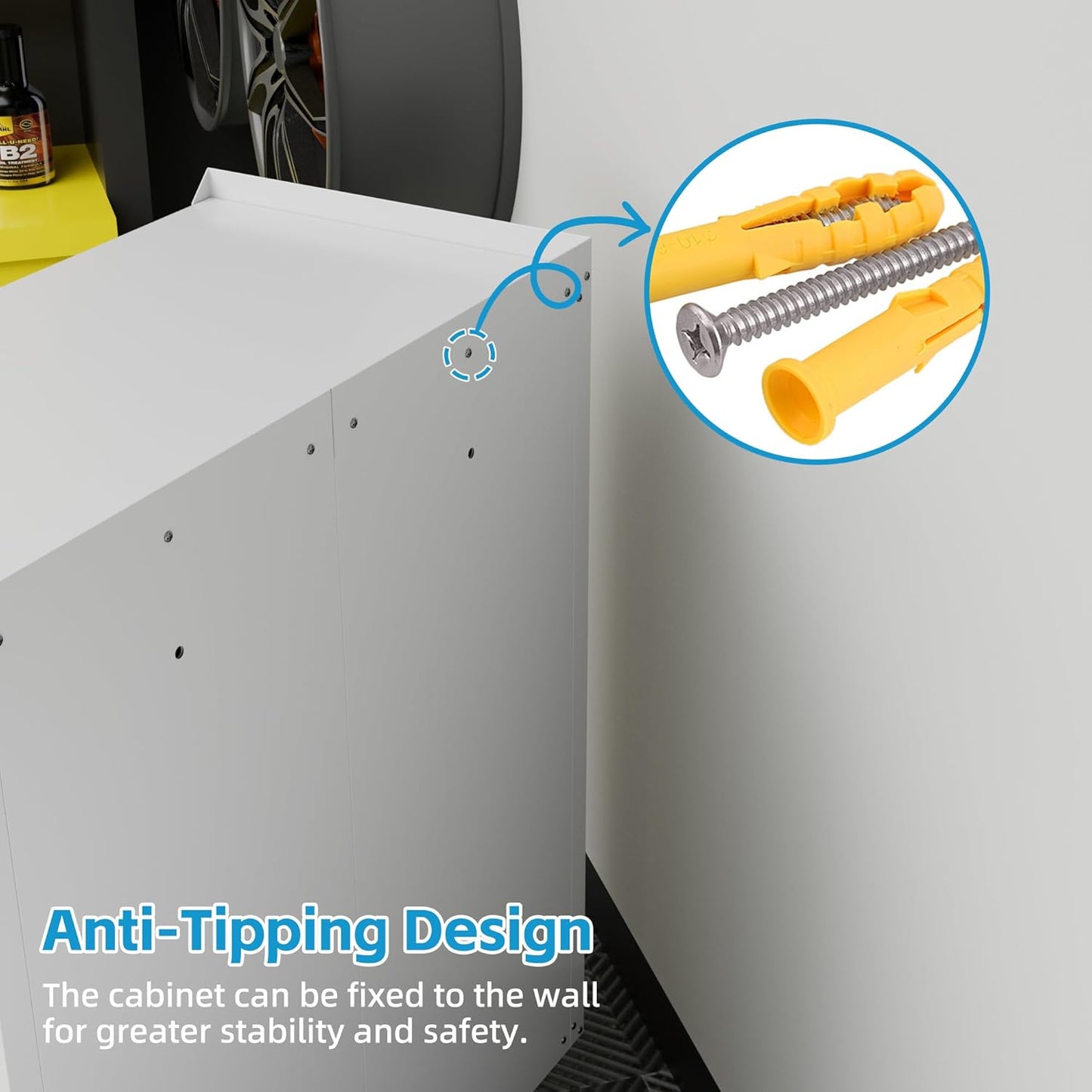 Metal Storage Cabinet with 2 Doors and 4 Hooks,34" H Top Workbench Mobile Tool Chests Garage Cabinets with 4 Wheels and Lock/Push Arm for Home,Office,Shop(White)