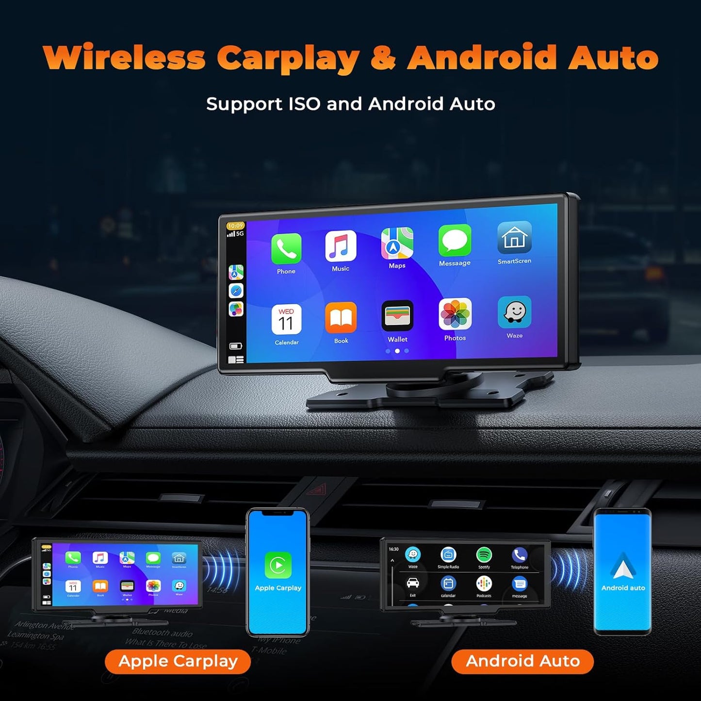 Volam Wireless Carplay Screen for Car with 2.5K Dash Cam, 1080p Backup Camera, 9.26" Portable Car Stereo with Apple Carplay Android Auto, Mirror Link, Loop Recording, GPS Navigation, AUX/FM
