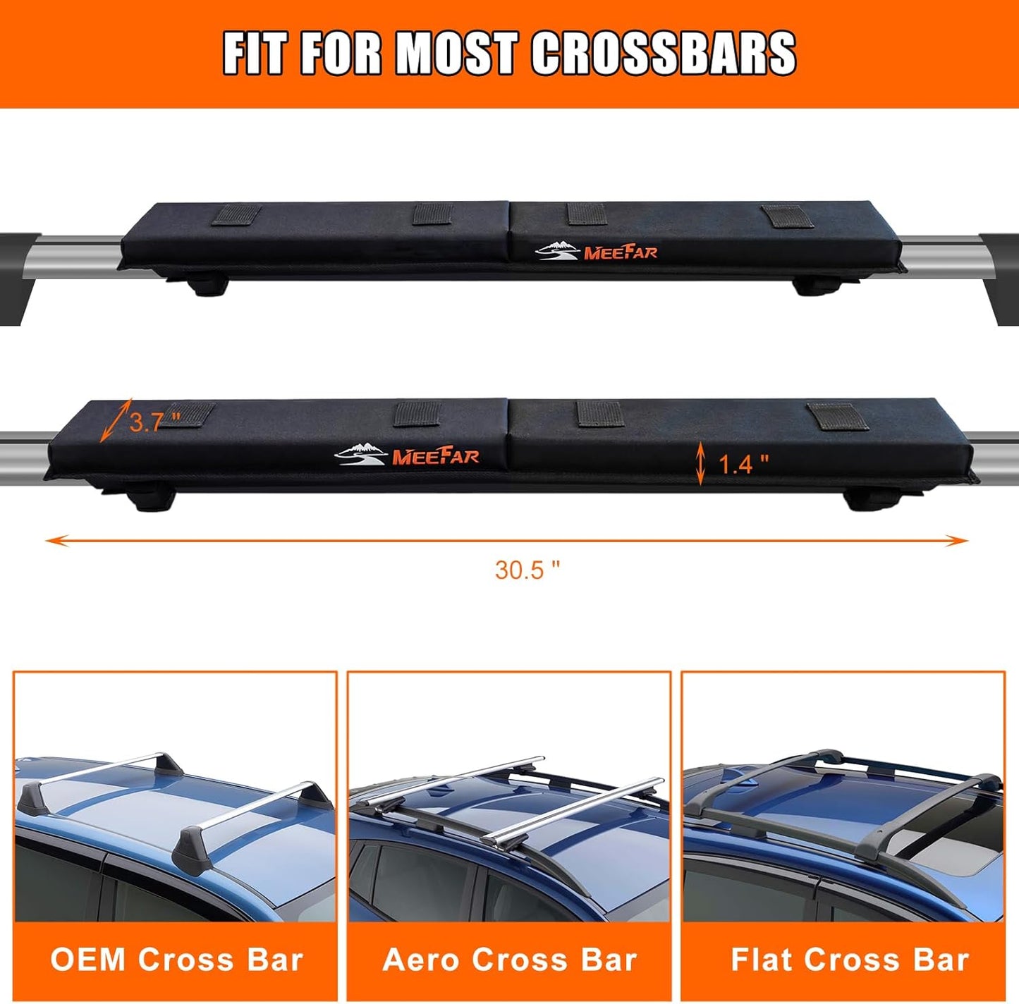 MeeFar Universal Roof Rack Pads Fit on Cross Bars - for Kayak/Surfboard/SUP/Canoe with 2 Heavy Duty Tie Down Straps, 2 Tie Down Rope, 2 Quick Loop Strap and Storage Bag