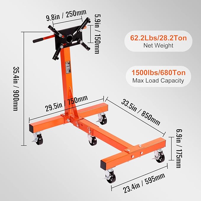 VEVOR Engine Stand, 3/4 Ton (1500 LBS) Capacity Engine Motor Stand, with 360-Degree Rotating Head, Heavy-Duty Steel Engine Lift Stand with 5-Casters, 4 Adjustable Arms, Orange