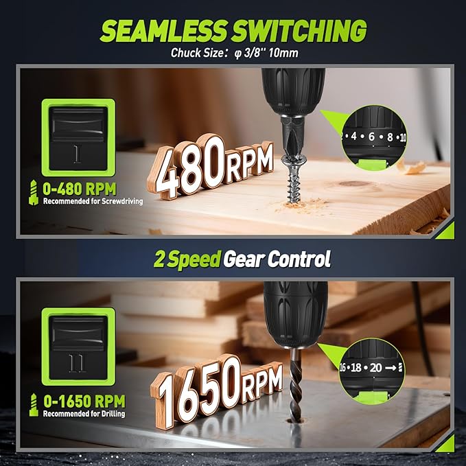 WORKBLESS Cordless Drill, Power Drill Set with 1 Battery and Charger, 40Nm, 20+1 Torque, 2 Speed, Keyless 3/8" Electric Screwdriver with LED Light, 28pcs Drill Bits Set(Green)