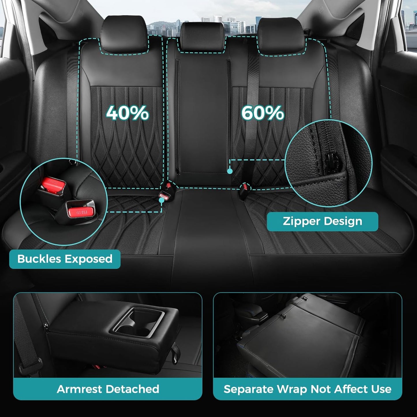 Seat Covers for Honda Civic Sedan EX-L, EX-T, EX, Touring, LX-P, Sport 2016 2017 2018 2019 2020 2021, Faux Leather Car Seats Cover Full Set(Rear Row 40/60 Split & Folding Backrest)-Black