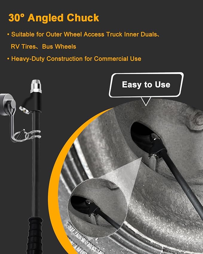 GODESON 15" Extended Reach Dual Head Air Chuck, 1/4" NPT Tire Inflator Nozzle with Quick Plug – Heavy Duty Air Compressor Chuck Kit for Semi, Truck, RV, Dually Tires, Close Flow Tire Chucks