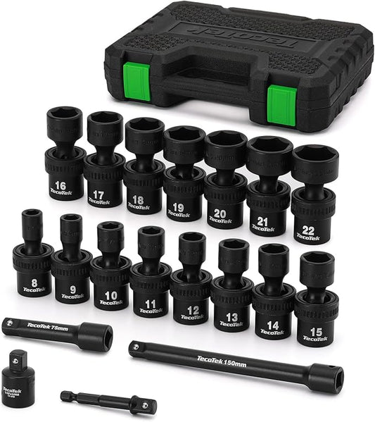 19 PCS 3/8" Drive Shallow Universal Impact Socket Set, Swivel Socket Set, 8-22mm, Metric Socket Set with Flexible Wobble, Cr-Mo Steel, Includes Extension Bars and Adapter
