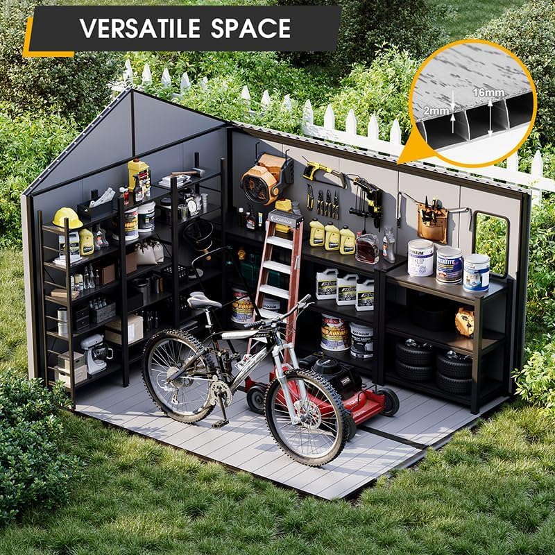 8 x 10 FT Plastic Tool Shed, All-Weather Outdoor Garden Tool Shed with Floor, Lockable Doors & Windows, Resin Storage Shed for Patio, Poolside, Backyard