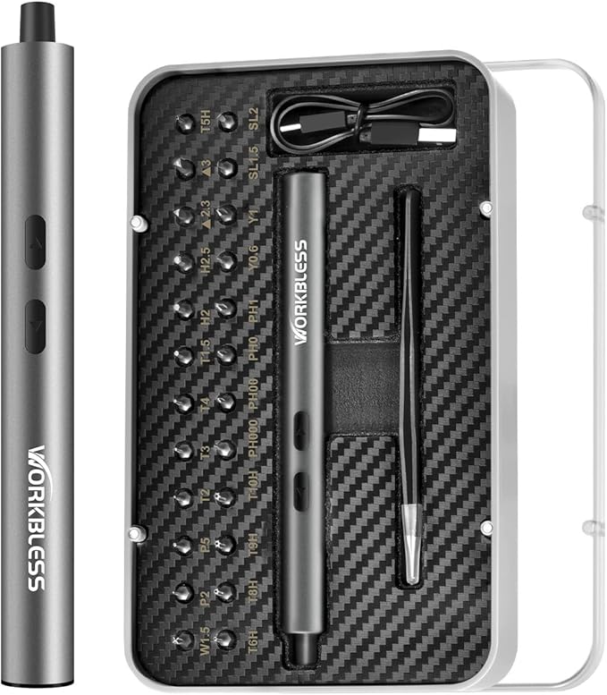 WorkBless Mini Electric Screwdriver, 3.7V Precision Screwdriver Set, 24-in-1 Magnetic Bits, USB-C Rechargeable, Repair Tool Set for Electronics and DIY Projects