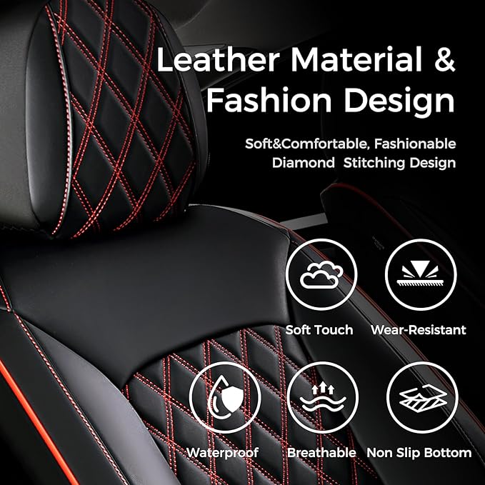 Huidasource Front Seat Covers, Full-Cover Leather Driver Seat Cover, Side Stretch Fabric, Car Interior Front Seat Cover Universal Fit for Most Cars, Most Cars,Vans,Trucks, SUVs (Front Pair/Black&Red)