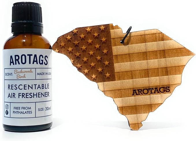 Arotags Car Air Freshener - Reusable Wood Diffuser - Hanging Odor Eliminator - South Carolina Patriot - Backwoods Birch Scent