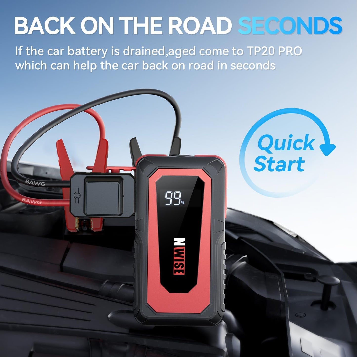 NWISE Car Jump Starter, 2000A Peak 20000mAh Portable Battery Pack with Smart Safety Jumper Clamps,12V Jump Boxes with LCD Display, LED Light, USB Ports