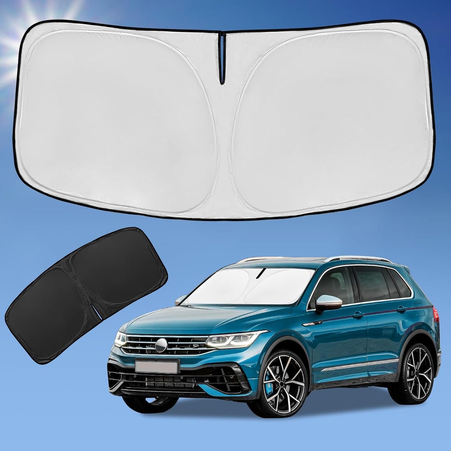 Sun Shade Sunshade for Volkswagen Tiguan 2018-2023 2024 2025 Windshield Cover, 4-Layer Front Window Shade Custom fit Tiguan Sun Visor 240T Retractable Shade Blocks UV Rays Cooler Car Accessories