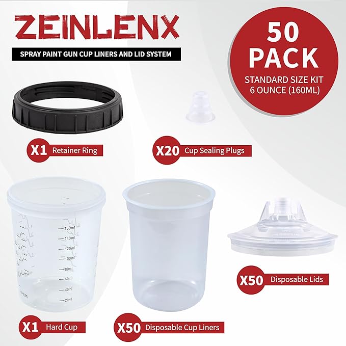 Disposable Paint Gun Cup, HVLP Paint Sprayer Gun Mixing Cups (6 Ounce Kit-50PCS)