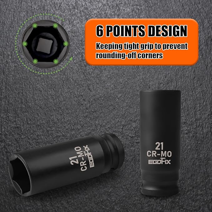 1/2" Drive Deep Impact Socket, 21mm Socket, CR-MO, Metric, 6 Point