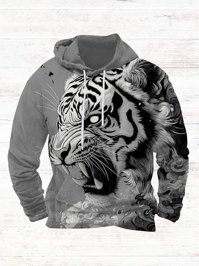 Mens Animal Print Graphic Hoodies Casual Long Sleeve Japanese Art Style Hooded Sweatshirt Lightweight Pullover Tops