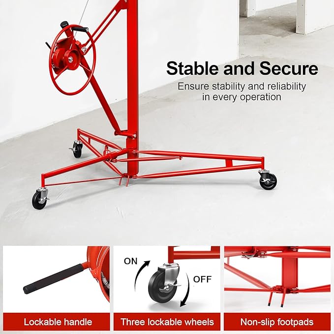 13FT Drywall Lift Sheetrock Lift, 150LBS Capacity, Drywall Lift Panel Hoist with Telescopic Arm, Drywall Jack Lift with 3 Lockable Wheels for Home Improvement Classic, 4'x16' Panel Size, Red