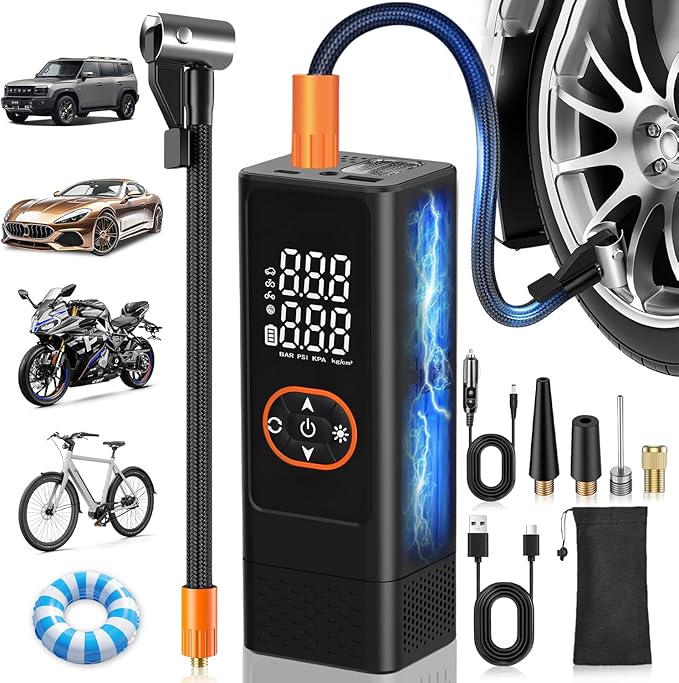 Tire Inflator Portable Air Compressor - 150PSI Air Pump For Car Tires with Digital Pressure Gauge, LED Light and Auto Shut-Off Function - Cordless Pump for Car, Motorcycle, Bicycle, Balls and More