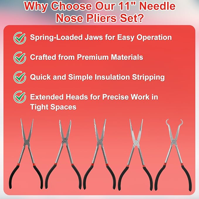 Long Needle Nose Pliers Set, 5 in 1 11 inch Spark Plug Wire Removal Tool - Bent Needle Nose Pliers 90 45 25 Degree - Pointy Nose Pliers - Pinch Nose Pliers for Narrow Spaces and Limited Areas