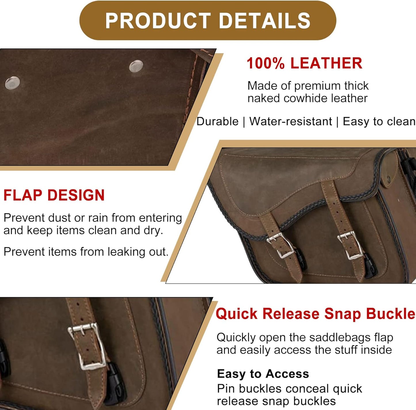 Dream Apparel Naked Cowhide Leather Motorcycle Saddle Bags Throw Over Saddlebags, Motorcycle Side Bags for Honda Shadow Sportster Softail Dyna V-star (Brown, No Studs)