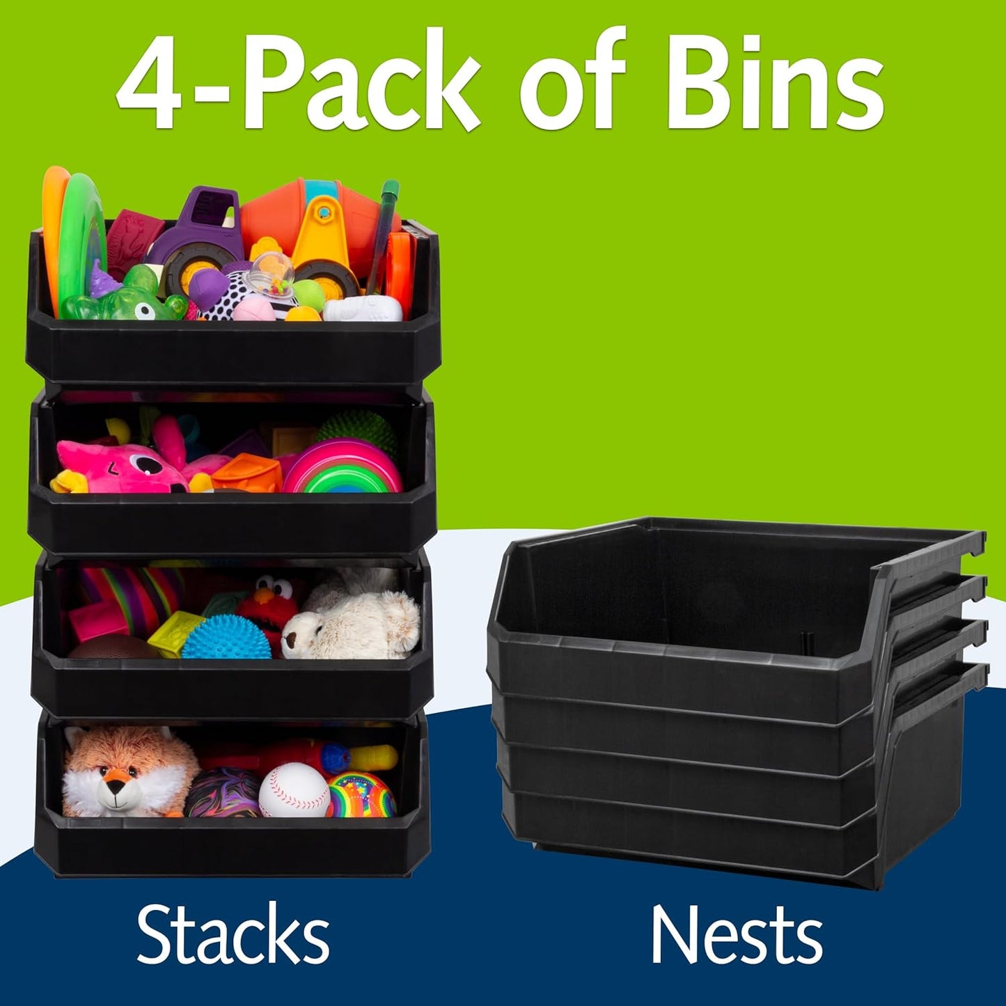 Plastic Containers for Organizing and Storage Bins for Closet, Kitchen, Office, Garage or Pantry Organization, Stackable Bins, Extra Large (14.8" x 16.5" x 7"), 4-Pack, Black