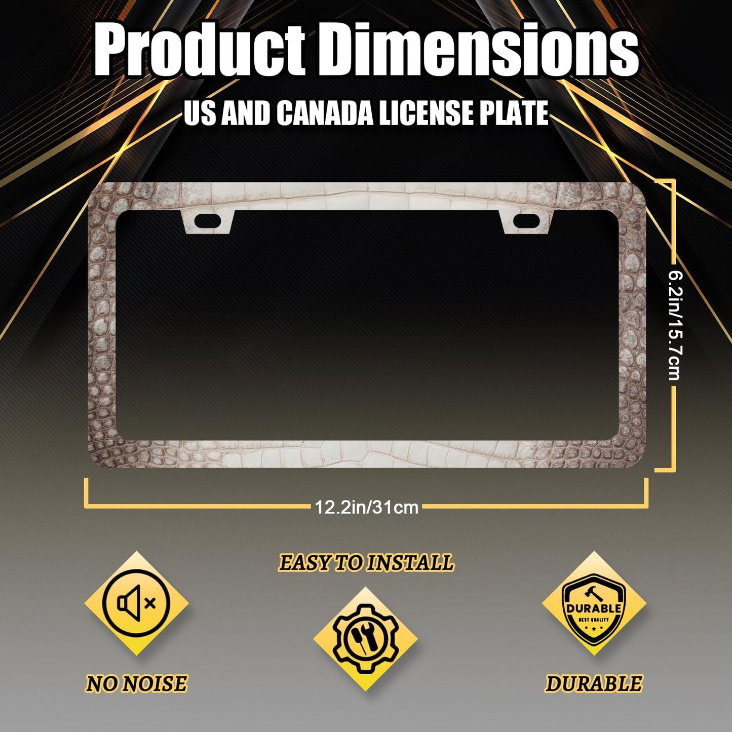 Crocodile Skin Print License Plate Frame Cool Animal Texture License Plate Holder Funny License Plate for Car Decoration Stainless Steel Car Accessory with Screws Men Women 12.3" x 6.3"