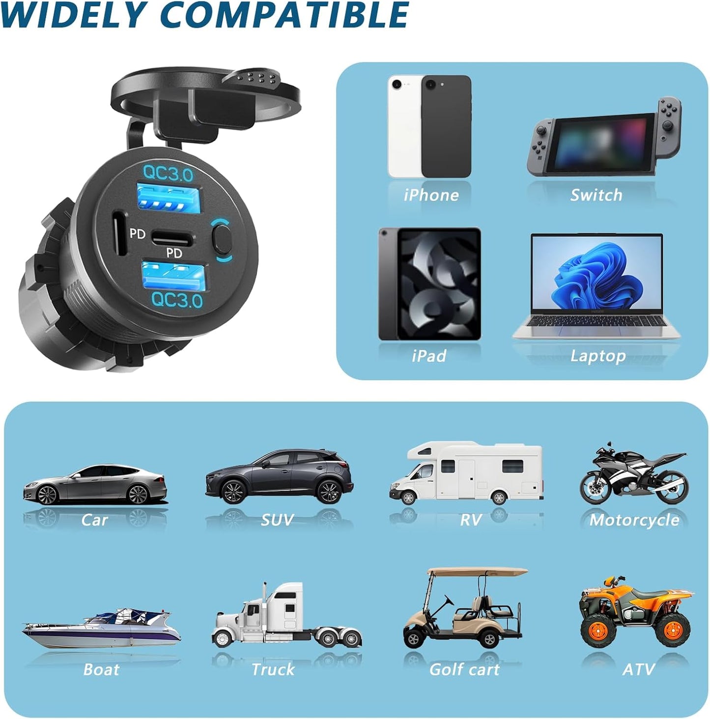 Dual PD USB C Ports & Dual USB Quick Charge 3.0 Ports 12V USB Outlet with Switch, VANONE Waterproof and Dustproof Car Charger Socket, Accessories for Car Boat Marine Motorcycle RV ATV Golf Cart, etc