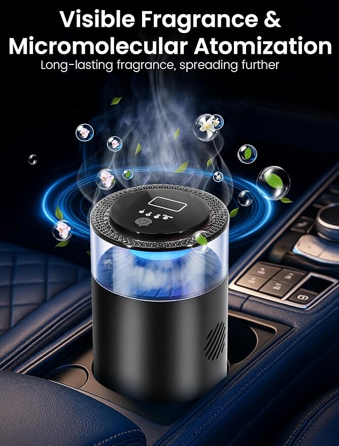 Smart Car Air Freshener,Ambient Light & Mist Fragrance,2 Pack Refill for 6 Months,Auto On/Off,3 Adjustable Modes,Black Air Freshener Perfect for Car,Bedroom,Office,Restrooms. (Ocean)
