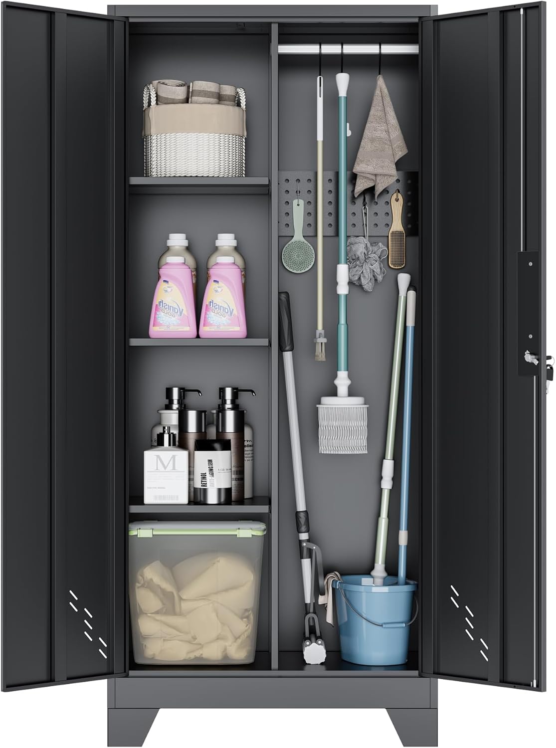 Metal Storage Cabinet,61" Tall Storage Cabinet,Utility Cabinet for Brooms and Mops,Laundry Room Cabinets,Tool Lockable Organization,Black