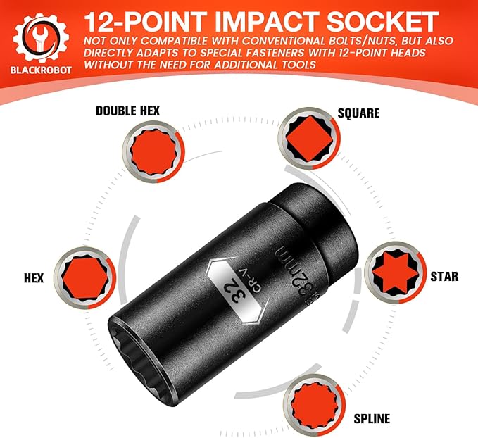 BLACKROBOT 32 mm 12-Point Deep Impact Socket, 1/2 Inch Drive, Metric, Cr-V Steel With Black Manganese Phosphate Coating