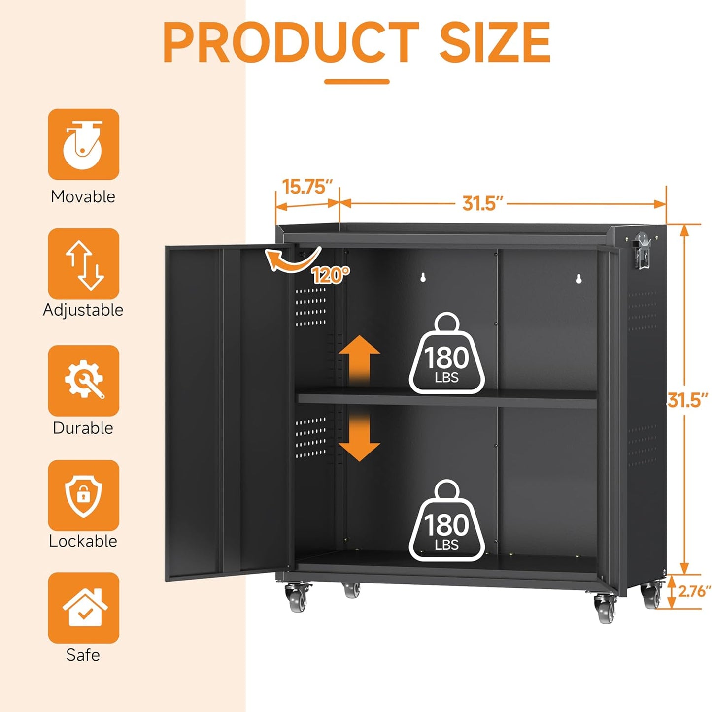 34" Metal Garage Storage Cabinet with Wheels, Adjustable Rolling Tool Storage Cabinet with Lock, Steel Locking Tool Cabinet with Doors and Shelves for Garage, Warehouse（Black）