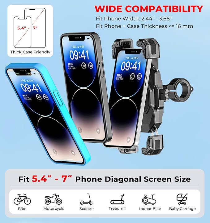 Motorcycle Phone Mount, 1s Lock Bike Phone Holder, One-Handed Operation Motorcycle Cellphone Mount with Aluminum Alloy Handlebar Mounting Base for Bicycle Scooter, Fit 5.4"-7" Smartphone