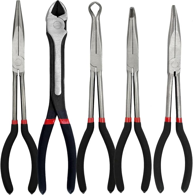 5-Piece 11" Extra Long Needle Nose Pliers Set with Insulated Comfort Grip, Straight Long Reach Plier, 45/90°Bent Nose Pliers,O-shaped nose plier,Diagonal Plier for Bending Shaping Trimming