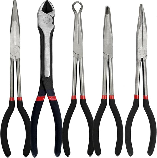 5-Piece 11" Extra Long Needle Nose Pliers Set with Insulated Comfort Grip, Straight Long Reach Plier, 45/90°Bent Nose Pliers,O-shaped nose plier,Diagonal Plier for Bending Shaping Trimming