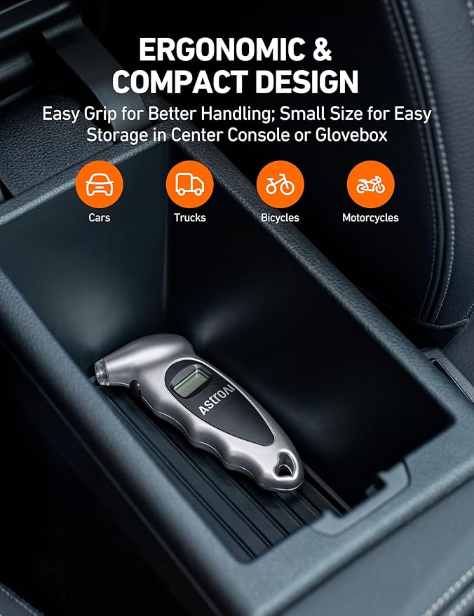 AstroAI Digital Tire Pressure Gauge 0-150PSI, Accurate in 0.1 Increments, Backlit LCD and Presta Valve Adaptor Included, 4 Units of Measurement for Car Truck Bicycle, Silver