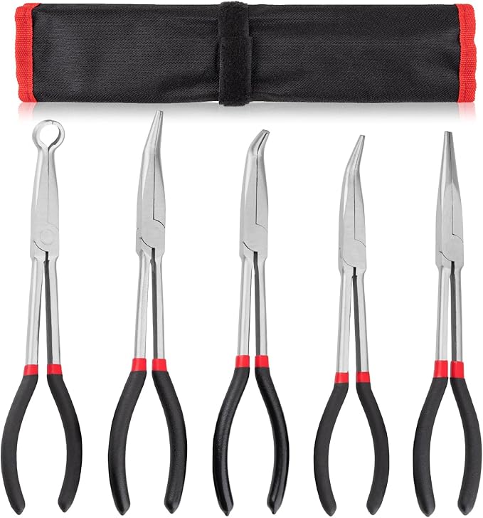 5Pcs Bent Nose Pliers 11 Inch Extra Long Needle Nose Pliers Set, Straight, 25°/45°/90° Bent, Circle Nose for Narrow Spaces, Hard to Reach Areas & Precision Work