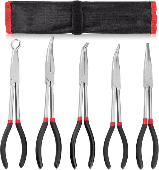5Pcs Bent Nose Pliers 11 Inch Extra Long Needle Nose Pliers Set, Straight, 25°/45°/90° Bent, Circle Nose for Narrow Spaces, Hard to Reach Areas & Precision Work