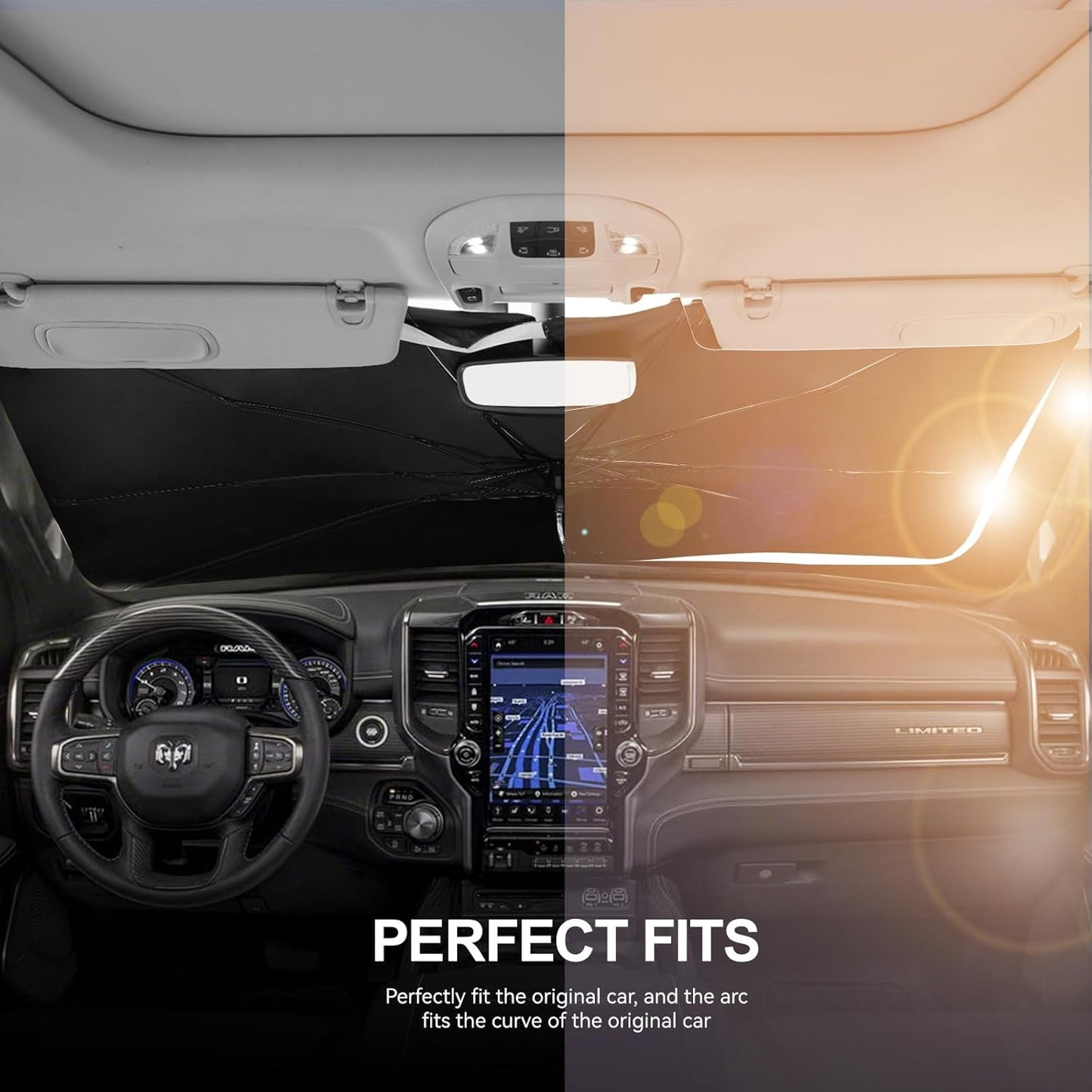 2019-2025 Upgraded for Ram 1500 Sunshade, Portable Foldable Sunshade Accessories, [Nano Ice Crystals Coating] UV Protection, Keeps Interior Cool (for Ram 1500 2019-2025)