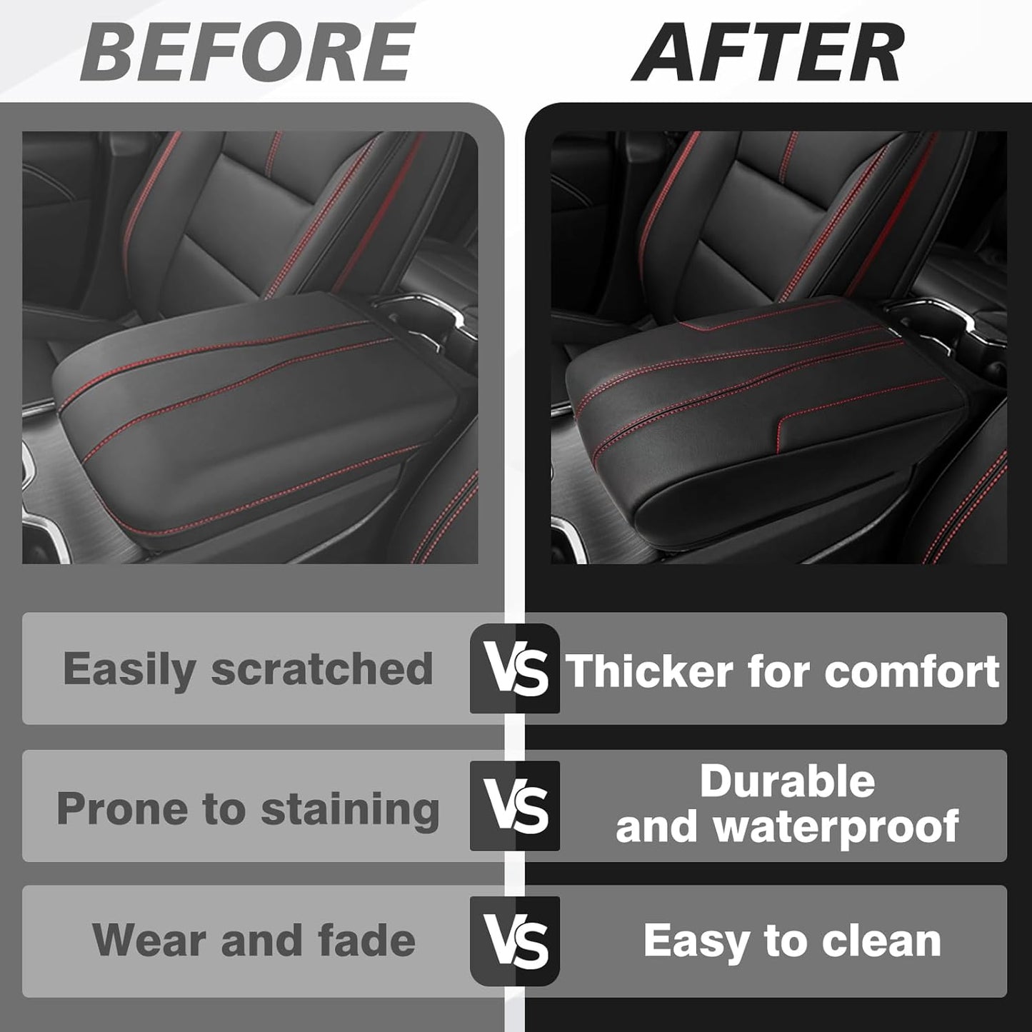 Muslogy Armrest Cover Center Console Cover Compatible with 2024 2025 GMC Acadia & Chevrolet Chevy Traverse Accessories Vegan Leather Arm Rest Middle Console Protector (Black/Red Stitching)