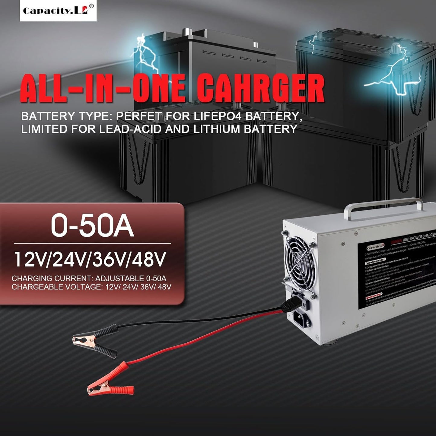 High Power Battery Charger, Upgraded Design LifePO4 Battery Charger, One Click Control Adjustable Current/Voltage Portable Adapter for LiFePO4 Lithium Iron Rechargeable Battery(60V/50A)