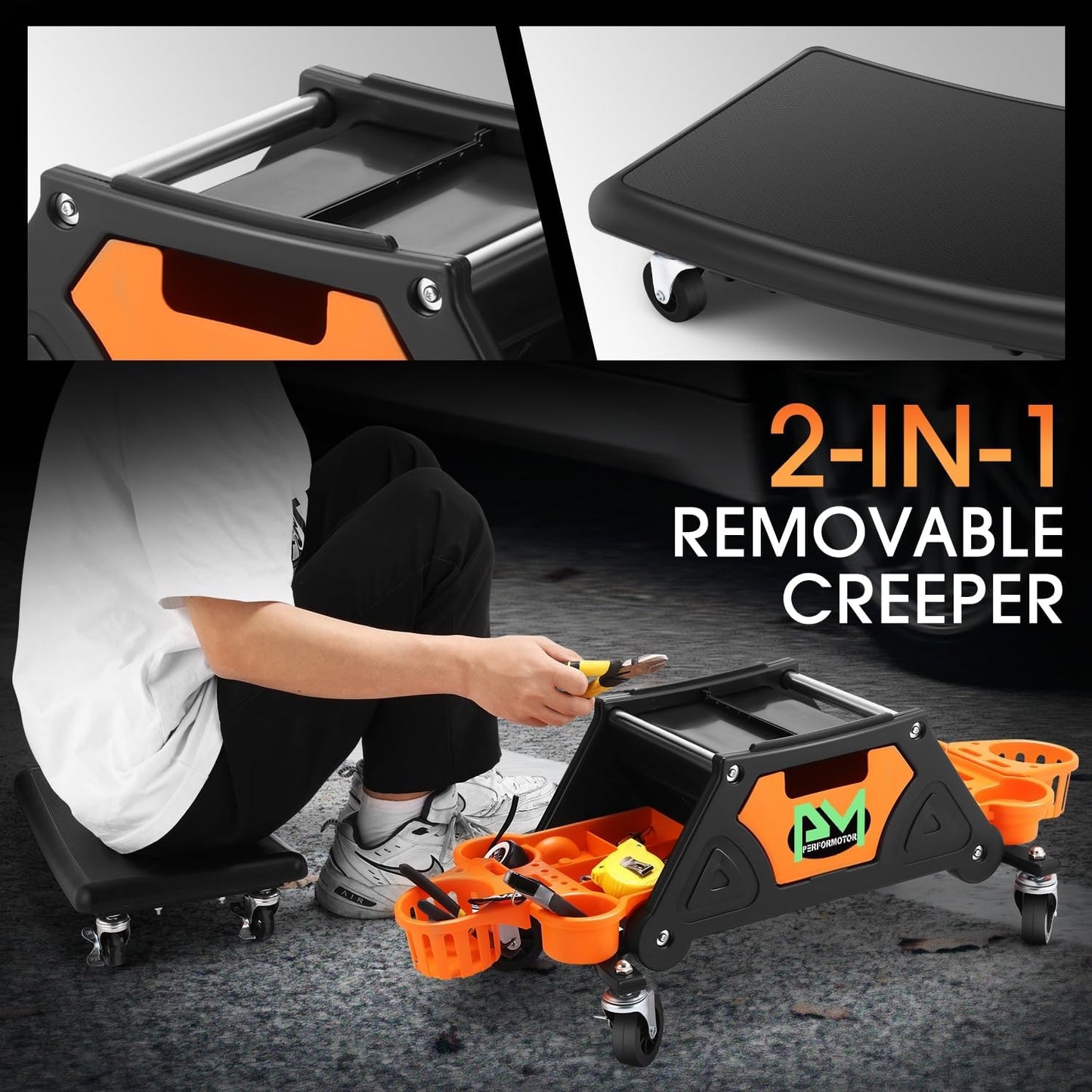 PM PERFORMOTOR Mechanic Stool - 25-1/2" x 13" x 12" (L x H x W), Rolling Work Seat w/Lockable Swivel Wheels and Storage Tool Tray, Orange,PM-TOL-CRS-OG