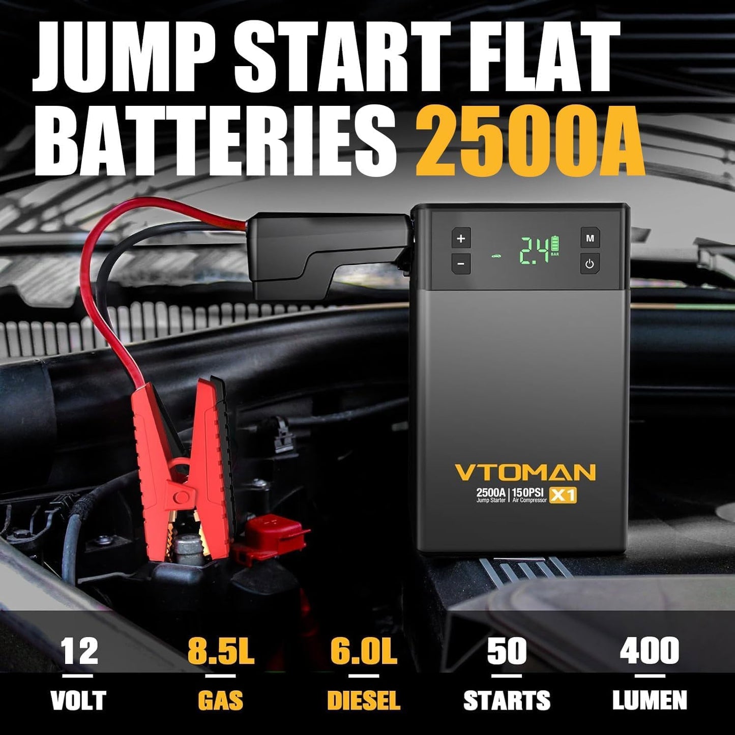 VTOMAN X1 Jump Starter with Air Compressor, Car Battery Jumper Starter (2500A, Up to 8.5L Gas/6L Diesel Engine) with 150PSI Auto Tire Inflator, 12V Portable Booster Pack, Lithium Jump Box Charger-Gray