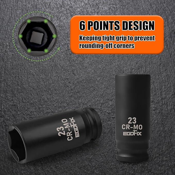 1/2" Drive Deep Impact Socket, 23mm Socket, CR-MO, Metric, 6 Point