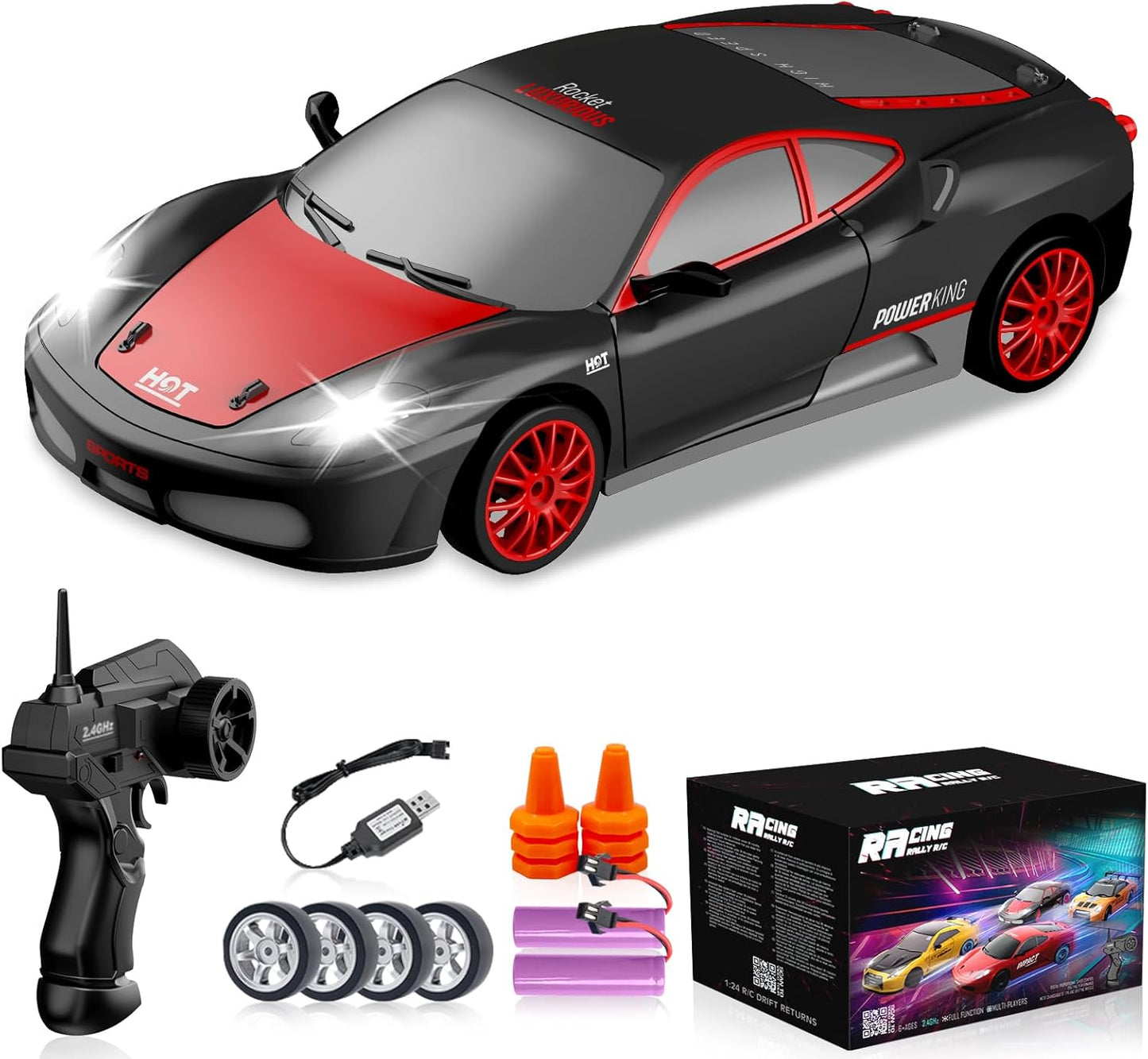 RC Drift Cars, 2.4Ghz 1:24 Remote Control Car 4WD High Speed Drifting RC Car with LED Light, Drift Tires and Two Batteries Racing Toy Cars for Kids Boys Girls Adults(Black)