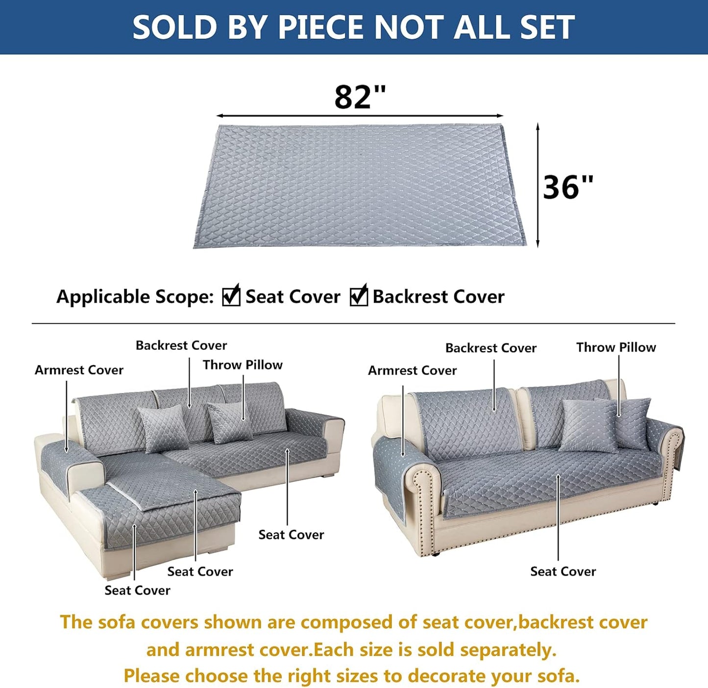 Eismodra Couch Cover,Sectional Couch Covers,Sofa Covers for 3 Cushion Couch,Anti-Slip Sofa Slipcovers for Dogs Cats Kids Loveseat Recliner L Shaped Armrest Backrest,Light Gray 36''x82''(Only 1 Piece)