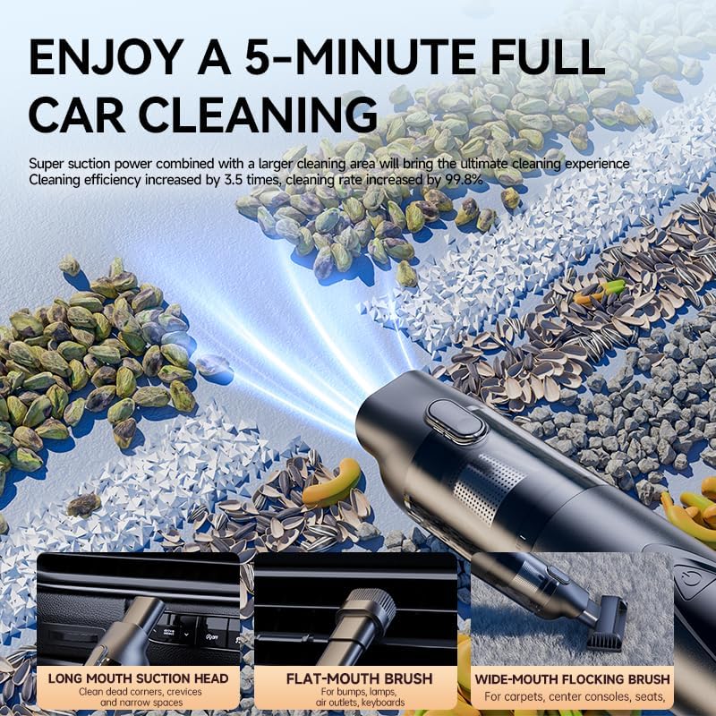 Rendoo Cordless Car Vacuum Cleaner - Portable Handheld Vacuum with Strong Suction, Wet/Dry Mini Vacuum for Car Detailing, Rechargeable Auto Vacuum with Detailing Kit