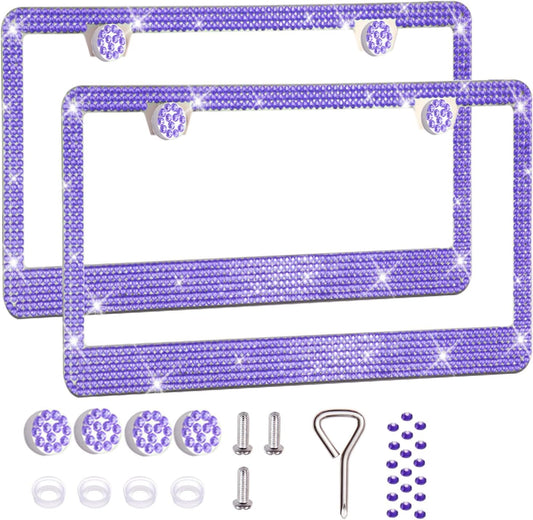 2 Pack License Plate Frames for Women, Sparkly Rhinestone Diamond Car Accessories with Glitter Crystal Caps (Purple (2PCS))