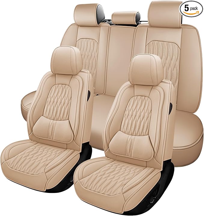 WELLDO Car Seat Covers Full Set, Premium Nappa Leather Seat Covers for Car, Waterproof Car Seat Protector with Lumbar Support, Automotive Seat Covers Universal Fit for Most Cars SUV Truck, Beige-white